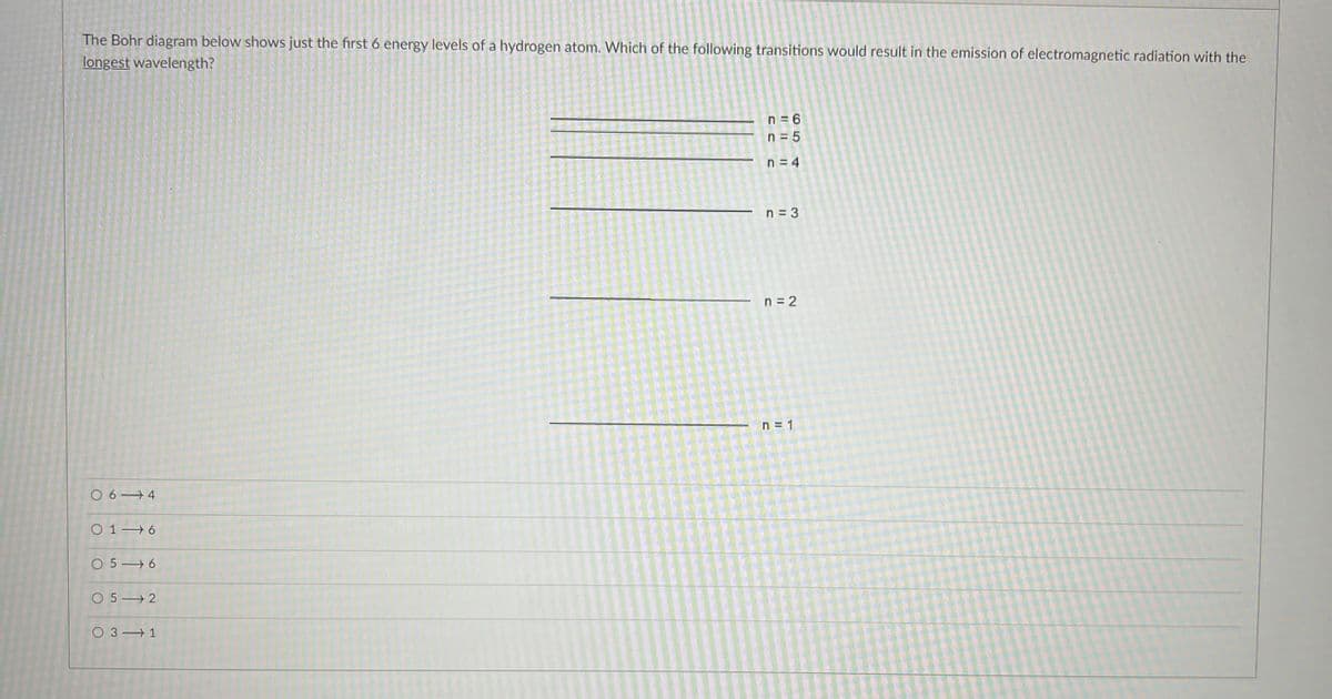 The Bohr diagram below shows just the first 6 energy levels of a hydrogen atom. Which of the following transitions would result in the emission of electromagnetic radiation with the
longest wavelength?
06 4
01 6
05 6
05 2
03 1
n=6
n = 5
n = 4
n = 3
n = 2
n = 1