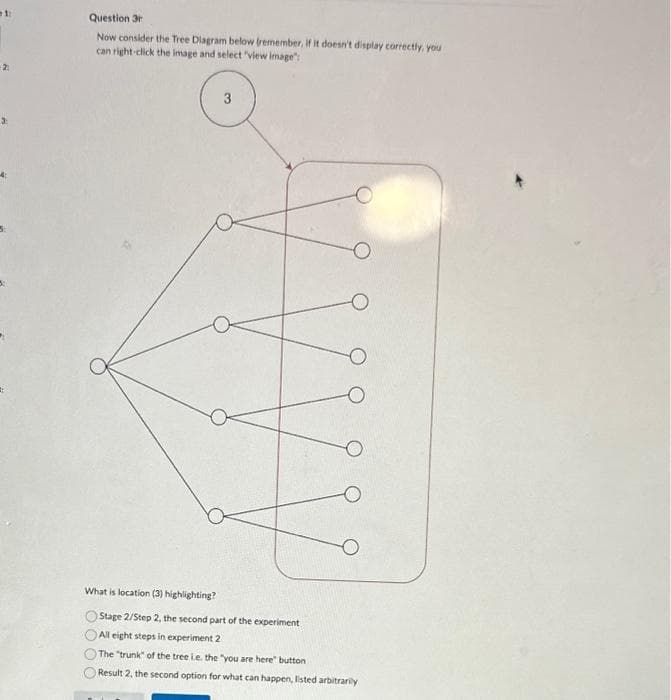 1
2:
Question 3r
Now consider the Tree Diagram below (remember, if it doesn't display correctly, you
can right-click the image and select "view Image":
3
What is location (3) highlighting?
Stage 2/Step 2, the second part of the experiment
All eight steps in experiment 2
The "trunk of the tree ie. the "you are here" button
Result 2, the second option for what can happen, listed arbitrarily