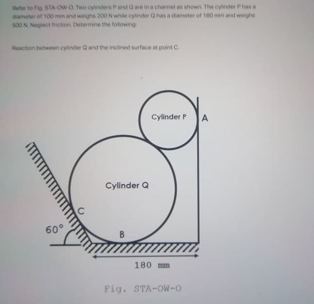 Refer to Fig. STA-OW-O Two cylinders Pand Q are in a channel as shown. The cylinder P has a
diameter of 100 mm and weighs 200 N while cylinder Q has a diameter of 180 mm and weighs
500 N. Neglect friction. Determine the following:
Reaction between cylinder Q and the inclined surface at point C.
Cylinder P
A
Cylinder Q
60°
180 mm
Fig. STA-OW-O
B.
