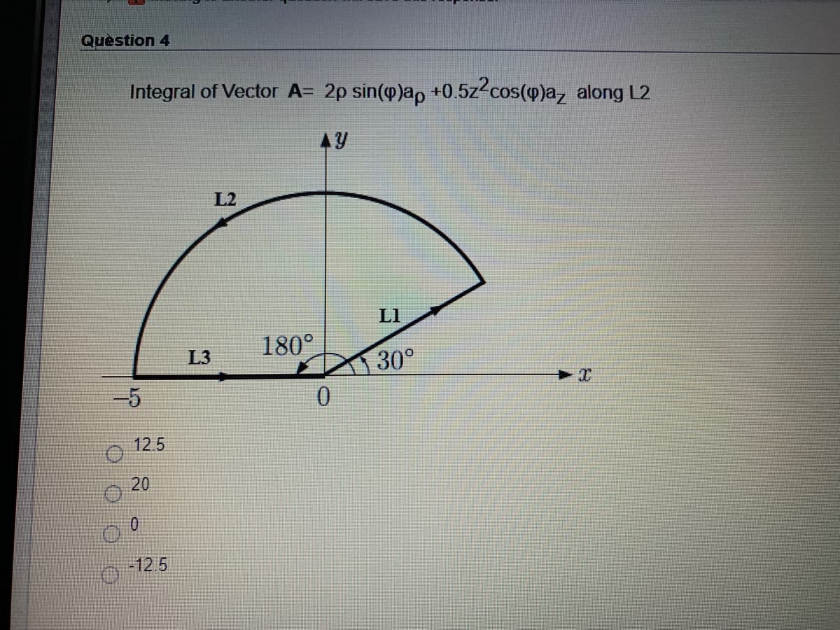 Quèstion 4
Integral of Vector A= 2p sin(@)ap +0.5z2cos(m)a, along L2
L2
L1
180°
L3
30°
-5
12.5
20
-12.5
