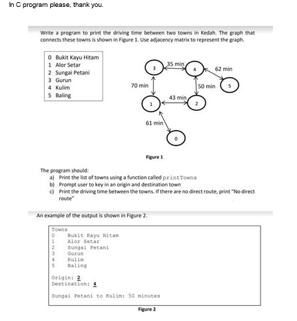 In C program please, thank you.
Write a program to print the driving time between two towns in Kedah. The graph that
connects these towns is shown in Figure 1. Use adjacency matrix to represent the graph.
0 Bukit Kayu Hitam
1 Alor Setar
2 Sungai Petani
3 Gurun
4 Kulim
5 Baling
70 min
61 min
Bukit Kayu Hitam
Alor Setar
Sungai Petani
Gurun
Kulin
5 Baling
Figure 1
An example of the output is shown in Figure 2.
Towns
0
1
2
3
35 min
Origin: 2
Destination: 4
Sungai Petani to Kulim: 50 minutes
Figure 2
43 min
0
The program should:
a) Print the list of towns using a function called print Towns
b) Prompt user to key in an origin and destination town
c)
Print the driving time between the towns. If there are no direct route, print "No direct
route"
62 min
50 min
2