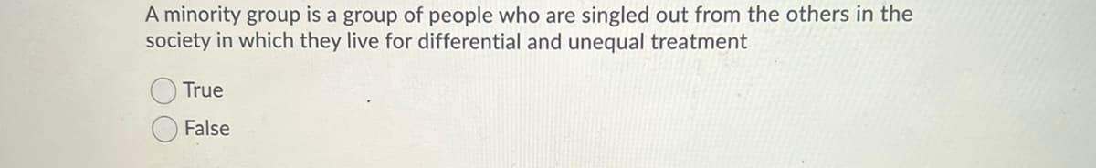 A minority group is a group of people who are singled out from the others in the
society in which they live for differential and unequal treatment
True
False
