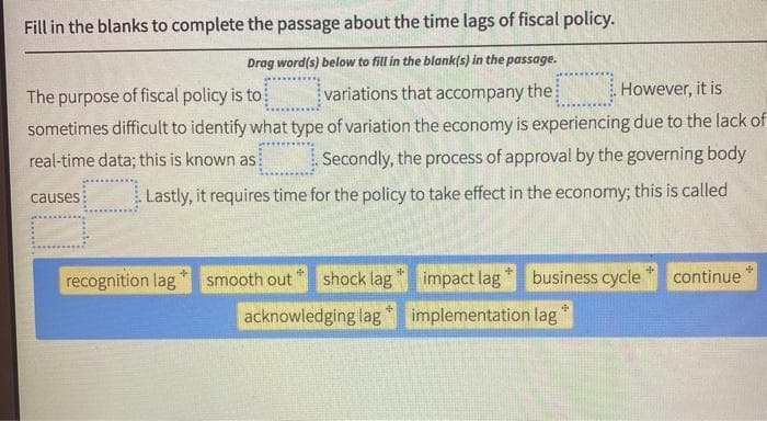 Fill in the blanks to complete the passage about the time lags of fiscal policy.
Drag word(s) below to fill in the blank(s) in the passage.
variations that accompany the
The purpose of fiscal policy is to
However, it is
sometimes difficult to identify what type of variation the economy is experiencing due to the lack of
real-time data; this is known as
Secondly, the process of approval by the governing body
Lastly, it requires time for the policy to take effect in the economy; this is called
causes
recognition lag
smooth out shock lag impact lag business cycle continue
+
acknowledging lag
+
implementation lag
+