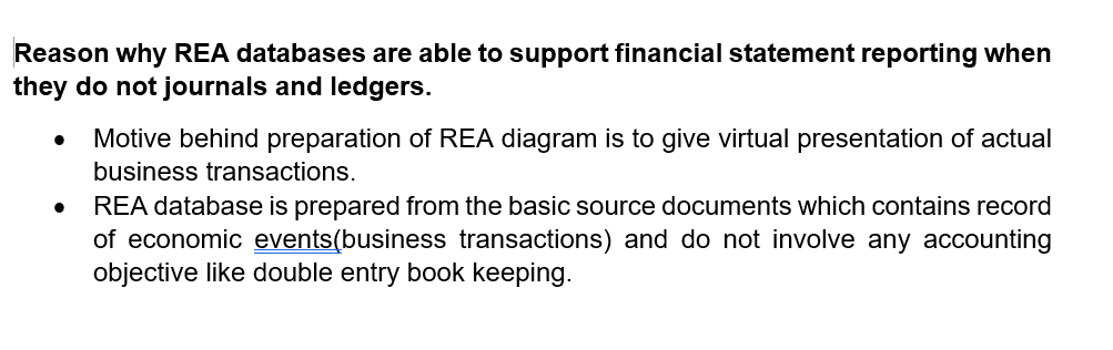 Reason why REA databases are able to support financial statement reporting when
they do not journals and ledgers.
Motive behind preparation of REA diagram is to give virtual presentation of actual
business transactions.
REA database is prepared from the basic source documents which contains record
of economic events(business transactions) and do not involve any accounting
objective like double entry book keeping.
