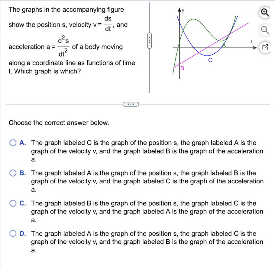 The graphs in the accompanying figure
ds
and
dt
show the position s, velocity v=
d²s
acceleration a= of a body moving
dt²
along a coordinate line as functions of time
t. Which graph is which?
Choose the correct answer below.
H|₁
B
C
Ly
OA. The graph labeled C is the graph of the position s, the graph labeled A is the
graph of the velocity v, and the graph labeled B is the graph of the acceleration
a.
B. The graph labeled A is the graph of the position s, the graph labeled B is the
graph of the velocity v, and the graph labeled C is the graph of the acceleration
a.
C. The graph labeled B is the graph of the position s, the graph labeled C is the
graph of the velocity v, and the graph labeled A is the graph of the acceleration
a.
D. The graph labeled A is the graph of the position s, the graph labeled C is the
graph of the velocity v, and the graph labeled B is the graph of the acceleration
a.