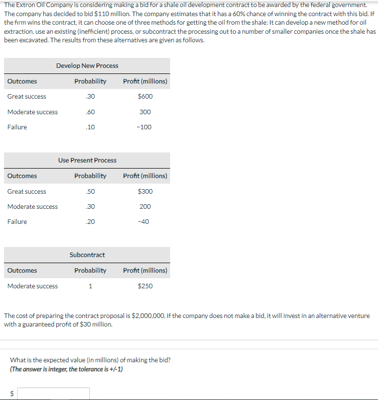 The Extron Oil Company is considering making a bid for a shale oil development contract to be awarded by the federal government.
The company has decided to bid $110 million. The company estimates that it has a 60% chance of winning the contract with this bid. If
the firm wins the contract, it can choose one of three methods for getting the oil from the shale: It can develop a new method for oil
extraction, use an existing (inefficient) process, or subcontract the processing out to a number of smaller companies once the shale has
been excavated. The results from these alternatives are given as follows.
Outcomes
Great success
Moderate success
Failure
Outcomes
Great success
Develop New Process
Probability
Moderate success
Failure
Outcomes
Moderate success
.30
19
.60
Use Present Process
.10
Probability
.50
.30
.20
Subcontract
Probability
1
Profit (millions)
$600
300
-100
Profit (millions)
$300
200
-40
Profit (millions)
$250
The cost of preparing the contract proposal is $2,000,000. If the company does not make a bid, it will invest in an alternative venture
with a guaranteed profit of $30 million.
What is the expected value (in millions) of making the bid?
(The answer is integer, the tolerance is +/-1)