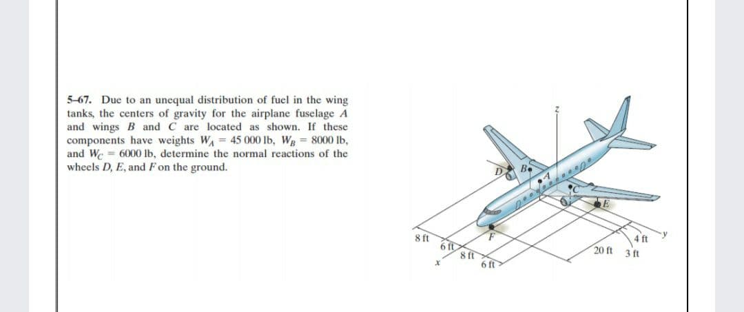 5-67. Due to an unequal distribution of fuel in the wing
tanks, the centers of gravity for the airplane fuselage A
and wings B and C are located as shown. If these
components have weights WA = 45 000 lb, WR = 8000 lb,
and We = 6000 lb, determine the normal reactions of the
wheels D, E, and Fon the ground.
8 ft
F
6 ft
8 ft
6 ft
4 ft
20 ft 3 ft
