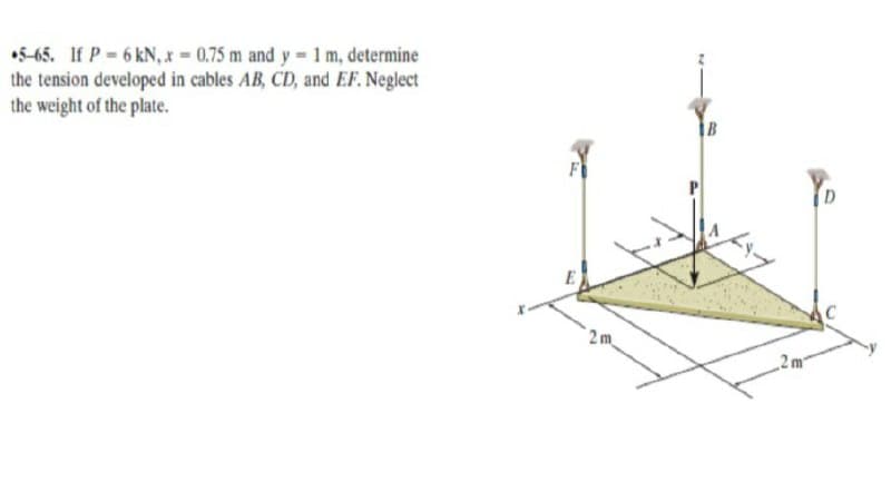 •5-65. If P = 6 kN, x = 0.75 m and y 1 m, determine
the tension developed in cables AB, CD, and EF. Neglect
the weight of the plate.
B
2m
2 m²
