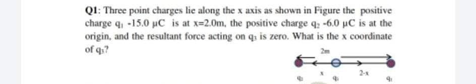 Q1: Three point charges lie along the x axis as shown in Figure the positive
charge q, -15.0 uC is at x-2.0m, the positive charge q; -6.0 uC is at the
origin, and the resultant force acting on qs is zero. What is the x coordinate
of q:?
2m
2-x
