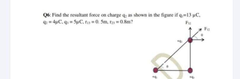 Q6: Find the resultant force on charge q, as shown in the figure if q-13 uC,
q: = 4uC, q 5pC, f3 0. 5m, ry 0.8m?
F12
