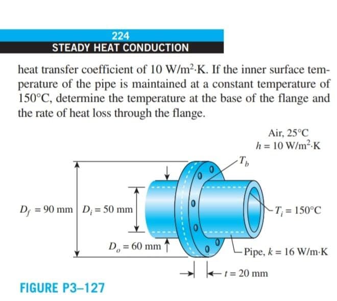 224
STEADY HEAT CONDUCTION
heat transfer coefficient of 10 W/m2-K. If the inner surface tem-
perature of the pipe is maintained at a constant temperature of
150°C, determine the temperature at the base of the flange and
the rate of heat loss through the flange.
Air, 25°C
h = 10 W/m2-K
-Tp
D; = 90 mm D; = 50 mm
-T; = 150°C
D = 60 mm ↑
Pipe, k = 16 W/m-K
-t = 20 mm
FIGURE P3-127
