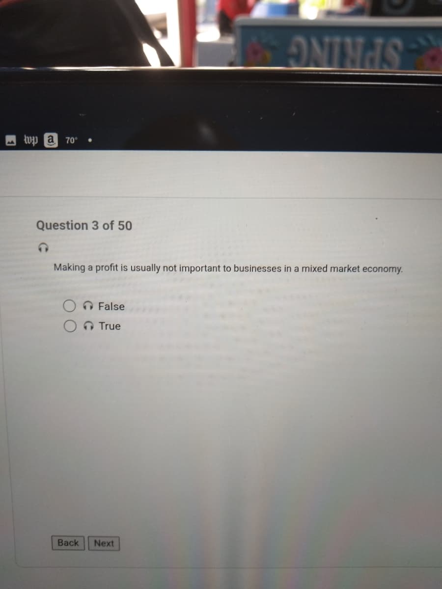 R-SPRING
wp a
70
Question 3 of 50
Making a profit is usually not important to businesses in a mixed market economy.
O False
O True
Back
Next
