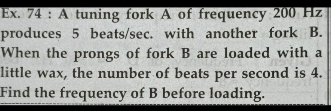 Ex. 74 : A tuning fork A of frequency 200 Hz
produces 5 beats/sec. with another fork B.
When the of fork B are loaded with a
prongs
little wax, the number of beats per second is 4.
Find the frequency of B before loading.
