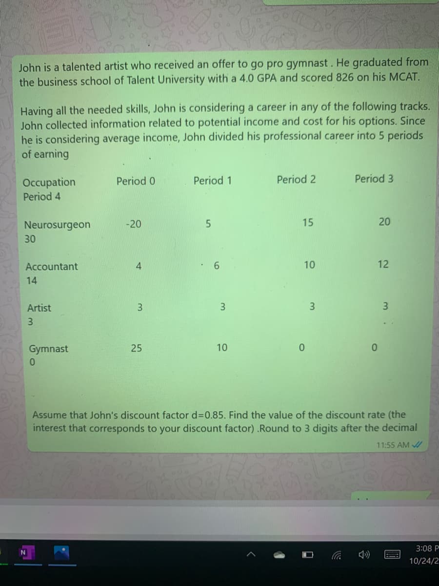 John is a talented artist who received an offer to go pro gymnast. He graduated from
the business school of Talent University with a 4.0 GPA and scored 826 on his MCAT.
Having all the needed skills, John is considering a career in any of the following tracks.
John collected information related to potential income and cost for his options. Since
he is considering average income, John divided his professional career into 5 periods
of earning
Period 0
Period 1
Period 2
Period 3
Occupation
Period 4
Neurosurgeon
-20
15
20
30
Accountant
4.
6.
10
12
14
Artist
3
3.
3.
3.
Gymnast
25
10
Assume that John's discount factor d3D0.85. Find the value of the discount rate (the
interest that corresponds to your discount factor) .Round to 3 digits after the
mal
11:55 AM /
3:08 P
10/24/2
