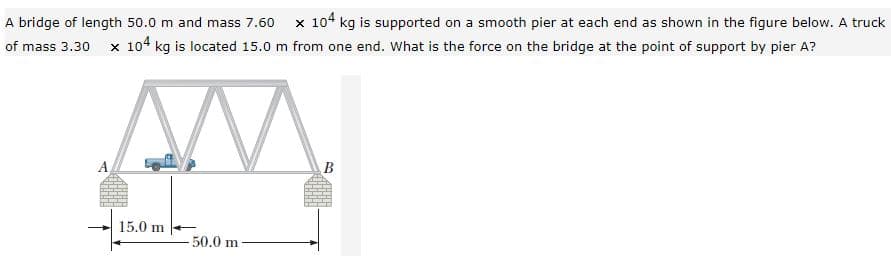 A bridge of length 50.0 m and mass 7.60
x 104 kg is supported on a smooth pier at each end as shown in the figure below. A truck
of mass 3.30
x 104 kg is located 15.0 m from one end. What is the force on the bridge at the point of support by pier A?
A
B
15.0 m
50.0 m
