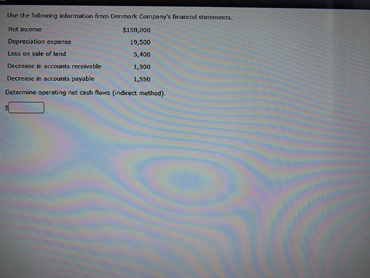 Use the following information from Denmark Company's financial statements.
Net income
$150,000
Depreciation expense
19,500
Loss on sale of land
5,400
Decrease in accounts receivable
1,900
Decrease in accounts payable
1,550
Determine operating net cash flows (indirect method).
