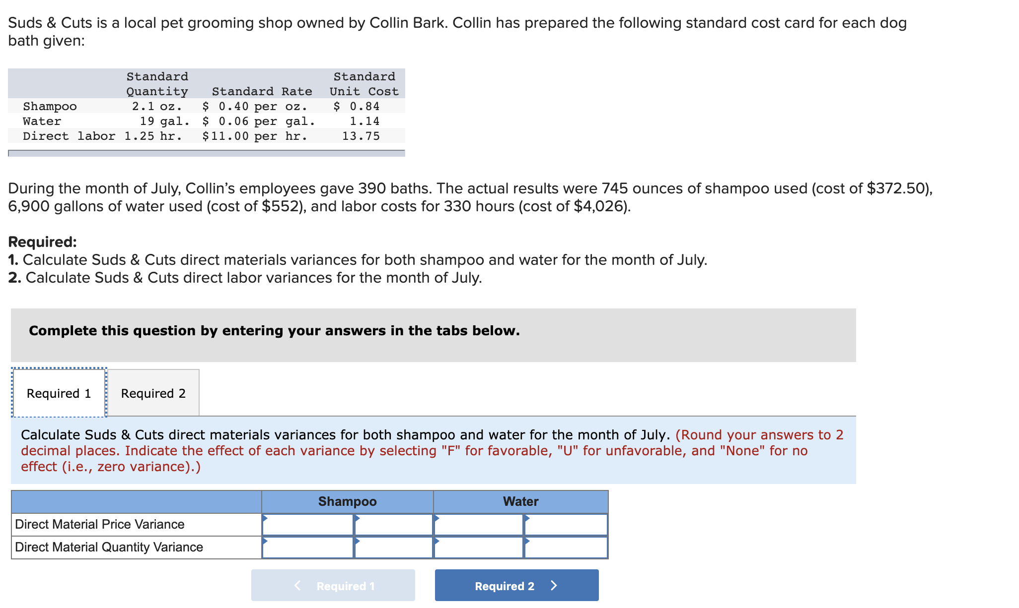 Suds & Cuts is a local pet grooming shop owned by Collin Bark. Collin has prepared the following standard cost card for each dog
bath given:
Standard
Standard
Quantity
2.1 oz.
Standard Rate
Unit Cost
$ 0.84
$ 0.40 per oz.
19 gal. $ 0.06 per gal.
$11.00 per hr.
Shampoo
Water
1.14
Direct labor 1.25 hr.
13.75
During the month of July, Collin's employees gave 390 baths. The actual results were 745 ounces of shampoo used (cost of $372.50),
6,900 gallons of water used (cost of $552), and labor costs for 330 hours (cost of $4,026).
Required:
1. Calculate Suds & Cuts direct materials variances for both shampoo and water for the month of July.
2. Calculate Suds & Cuts direct labor variances for the month of July.
Complete this question by entering your answers in the tabs below.
Required 1
Required 2
Calculate Suds & Cuts direct materials variances for both shampoo and water for the month of July. (Round your answers to 2
decimal places. Indicate the effect of each variance by selecting "F" for favorable, "U" for unfavorable, and "None" for no
effect (i.e., zero variance).)
Shampoo
Water
Direct Material Price Variance
Direct Material Quantity Variance
< Required 1
Required 2
<>
