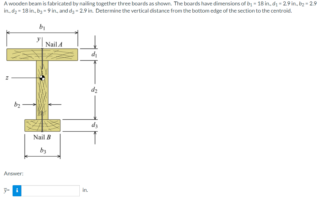 A wooden beam is fabricated by nailing together three boards as shown. The boards have dimensions of b1 = 18 in., d1 = 2.9 in., b2 = 2.9
in., d2 = 18 in., b3 = 9 in., and d3 = 2.9 in. Determine the vertical distance from the bottom edge of the section to the centroid.
b1
y|
Nail A
d2
b2
d3
Nail B
b3
Answer:
y= i
in.
