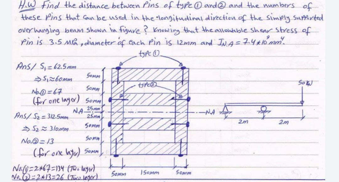 H.W Find the distance between Pins of type O and@ and the numbers of
these Pins that Can be used in the longitudinal direction of the simply supRrted
over hanging beam shown in figure ? Knewing that the allowable shear Stress of
Pin is 3.5 Ma,diameter of cach Pin is 12mm and IvA= 7.4*10 mm
type O.
Ans/ S,=62.5mm
Somm
tyre2
SoK
Sompm
(for one layor)
Somm
25mm
NA-
25MM
NA
Ans/ S2=312.5mm
2m
2m
Somm
Somm
No.0=13
(for one hju) SoMm
Naty=2+67=134 (T8. layır)
No. =2A13=26 (Two IAter)
Somm
1Somm
Somm
