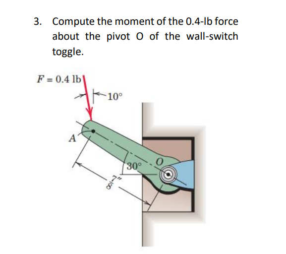 3. Compute the moment of the 0.4-1b force
about the pivot O of the wall-switch
toggle.
F = 0.4 lb
A
10⁰
7100
30°