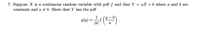 7. Suppose X is a continuous random variable with pdf ƒ and that Y = aX + b where a and b are
constants and a 0. Show that Y has the pdf
