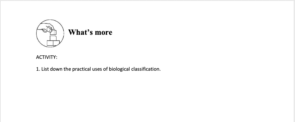 What's more
АCTIVITY:
1. List down the practical uses of biological classification.
