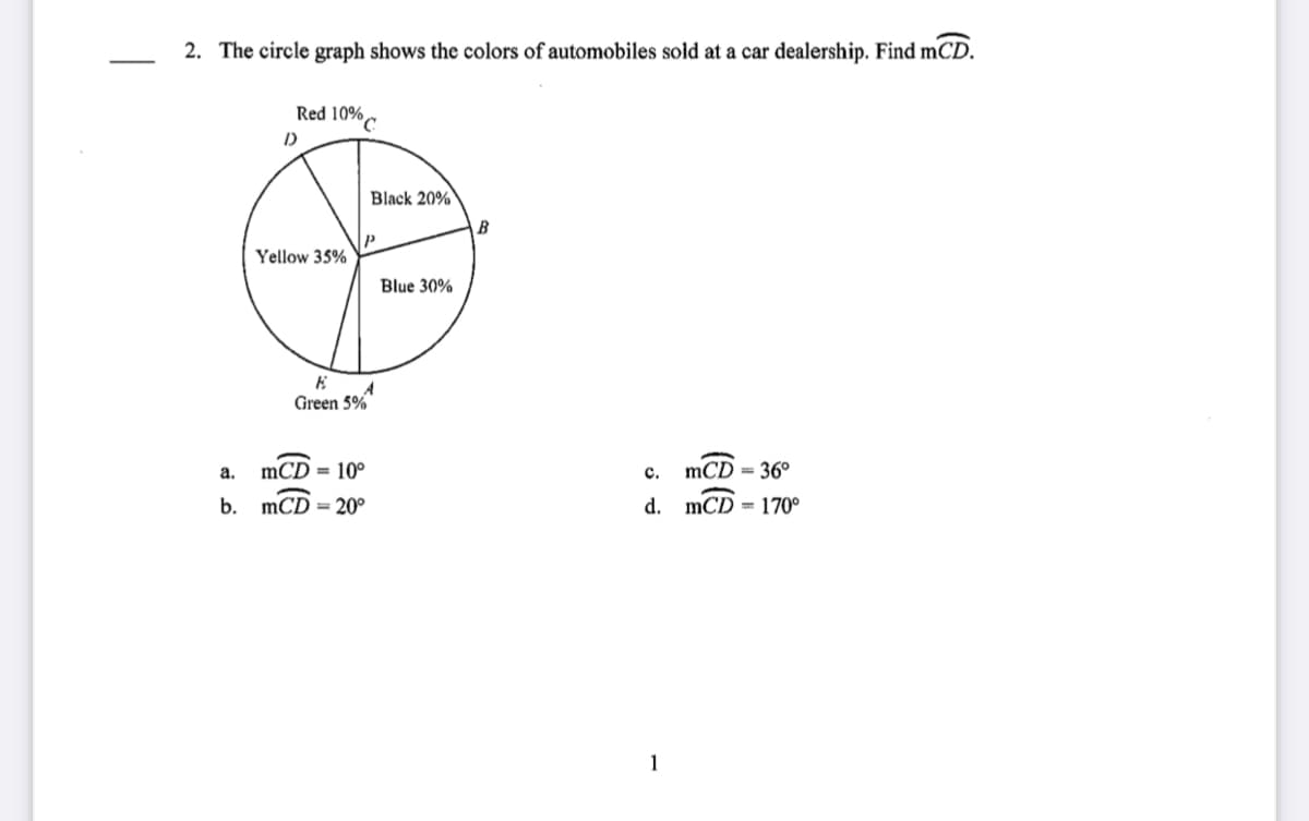 2. The circle graph shows the colors of automobiles sold at a car dealership. Find mCD.
Red 10%C
Black 20%
B
Yellow 35%
Blue 30%
A
Green 5%
а.
mCD = 10°
с.
mCD = 36°
b. mCD = 20°
d. mCD =
1
