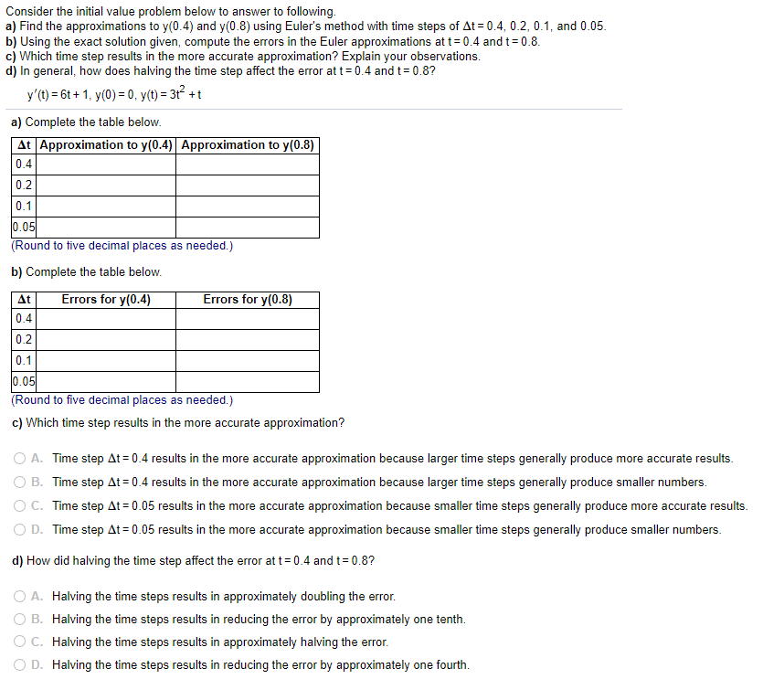 Consider the initial value problem below to answer to following.
a) Find the approximations to y(0.4) and y(0.8) using Euler's method with time steps of At = 0.4, 0.2, 0.1, and 0.05.
b) Using the exact solution given, compute the errors in the Euler approximations at t=0.4 and t= 0.8.
cj Which time step results in the more accurate approximation? Explain your observations.
d) In general, how does halving the time step affect the error at t= 0.4 and t= 0.8?
y'(t) = 6t + 1, y(0) = 0, y(t) = 3r² +t
a) Complete the table below.
At Approximation to y(0.4) Approximation to y(0.8)
0.4
0.2
0.1
0.05
(Round to tive decimal places as needed.)
b) Complete the table below.
At
Errors for y(0.4)
Errors for y(0.8)
0.4
0.2
0.1
0.05
(Round
five decimal places as needed.)
c) Which time step results in the more accurate approximation?
O A. Time step At= 0.4 results in the more accurate approximation because larger time steps generally produce more accurate results.
O B. Time step At= 0.4 results in the more accurate approximation because larger time steps generally produce smaller numbers.
O C. Time step At=0.05 results in the more accurate approximation because smaller time steps generally produce more accurate results.
O D. Time step At = 0.05 results in the more accurate approximation because smaller time steps generally produce smaller numbers.
d) How did halving the time step affect the error at t= 0.4 and t= 0.8?
O A. Halving the time steps results in approximately doubling the error.
B. Halving the time steps results in reducing the error by approximately one tenth.
OC. Halving the time steps results in approximately halving the error.
O D. Halving the time steps results in reducing the error by approximately one fourth.
