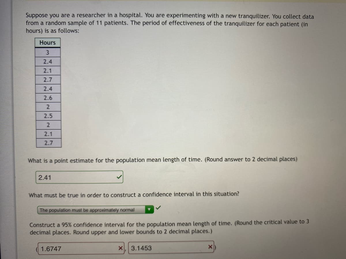 Suppose you are a researcher in a hospital. You are experimenting with a new tranquilizer. You collect data
from a random sample of 11 patients. The period of effectiveness of the tranquilizer for each patient (in
hours) is as follows:
Hours
2.4
2.1
2.7
2.4
2.6
2.5
2
2.1
2.7
What is a point estimate for the population mean length of time. (Round answer to 2 decimal places)
2.41
What must be true in order to construct a confidence interval in this situation?
The population must be approximately normal
Construct a 95% confidence interval for the population mean length of time. (Round the critical value to 3
decimal places. Round upper and lower bounds to 2 decimal places.)
1.6747
3.1453
