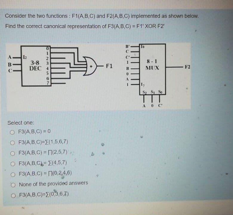 Consider the two functions : F1(A,B,C) and F2(A,B,C) implemented as shown below.
Find the correct canonical representation of F3(A,B,C) = F1' XOR F2'
B"
I2
3-8
DEC 4
2
8- 1
F1
MUX
F2
SS So
TT
A0 C"
Select one:
O F3(A,B,C) = 0
O F3(A,B,C)=E(1,5,6,7)
O F3(A,B,C) = (2,5,7)
O F3(A,B,C) (4,5,7)
O F3(A,B,C) = 0,2,4,6)
O None of the provided answers
O F3(A,B,C)=E(0,3,6,7)
