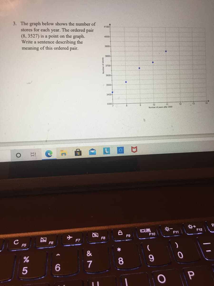 3. The graph below shows the number of
stores for each year. The ordered pair
(8, 3527) is a point on the graph.
Write a sentence describing the
meaning of this ordered pair.
4100-
4000-
3900-
3800-
of
3700-
3600-
3500-
3400-
3300+
12
Number of years after 2000
F12
F11
F10
F9
F8
F7
C F5
F6
*
&
6
7
P
* 00
团
5
