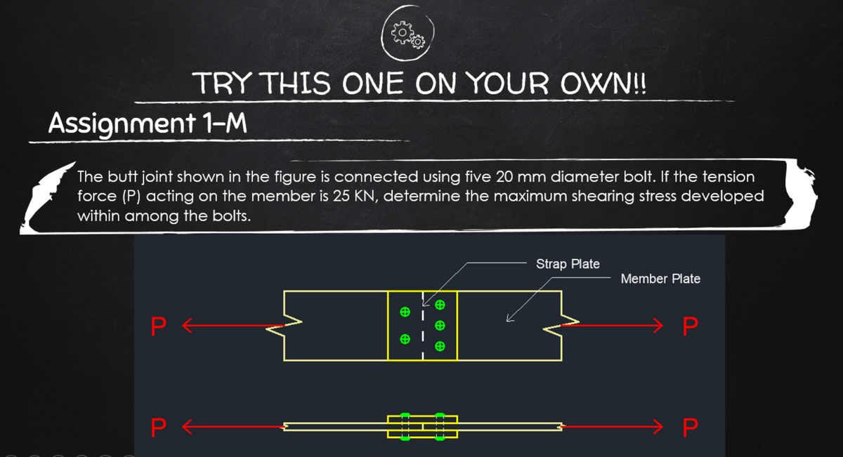 TRY THIS ONE ON YOUR OWN!!
Assignment 1-M
The butt joint shown in the figure is connected using five 20 mm diameter bolt. If the tension
force (P) acting on the member is 25 KN, determine the maximum shearing stress developed
within among the bolts.
Strap Plate
Member Plate
→ P
> P
