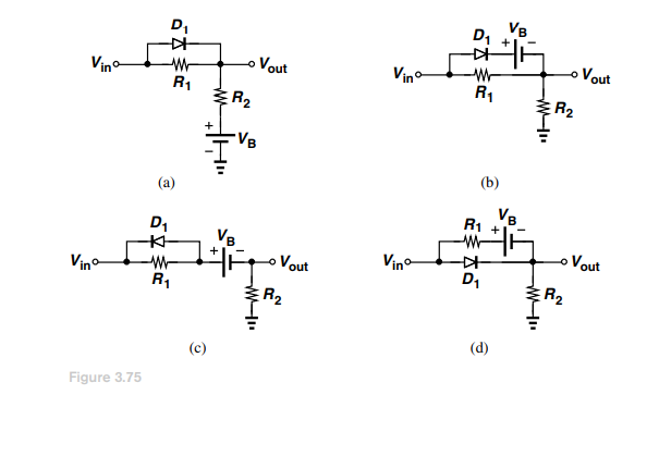 VB
D1 +1
D,
Vout
W-
R1
o Vout
Vino
Vino
R1
R2
VB
(b)
(a)
VB
R1
D1
VB
o Vout
Vout
Vino
D1
Vino
R2
R,
R2
(d)
Figure 3.75
