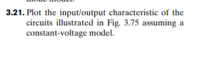 3.21. Plot the input/output characteristic of the
circuits illustrated in Fig. 3.75 assuming a
constant-voltage model.
