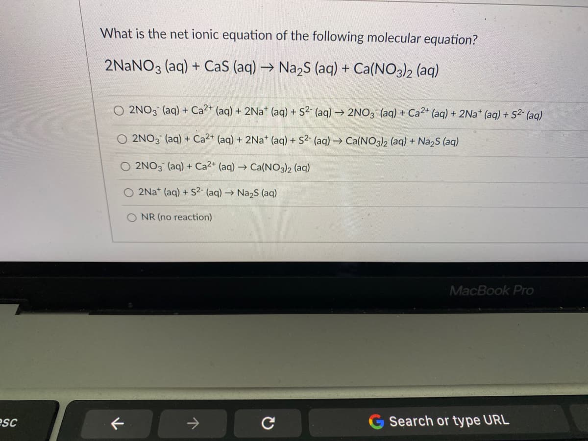 What is the net ionic equation of the following molecular equation?
2NaNO3 (aq) + CaS (aq) → Nazs (aq) + Ca(NO3)2 (aq)
2NO3 (aq) + Ca2+ (aq) + 2Na* (aq) + S2- (aq) → 2NO, (aq) + Ca2+ (aq) + 2Na* (aq) + S2- (aq)
O 2NO3 (aq) + Ca2+ (aq) + 2Na* (aq) + S2- (aq) Ca(NO3)2 (aq) + Na2S (aq)
O 2NO3 (aq) + Ca2* (aq) → Ca(NO3)2 (aq)
2Na* (aq) + S2- (aq)→ Na2S (aq)
O NR (no reaction)
MacBook Pro
esc
Search or type URL
