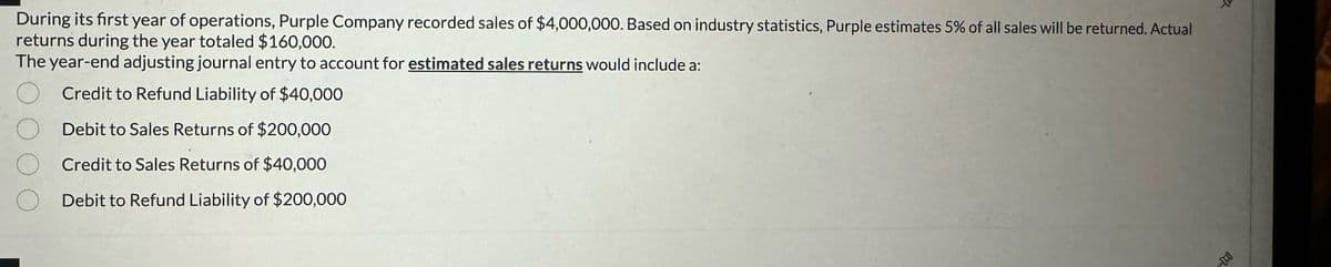 During its first year of operations, Purple Company recorded sales of $4,000,000. Based on industry statistics, Purple estimates 5% of all sales will be returned. Actual
returns during the year totaled $160,000.
The year-end adjusting journal entry to account for estimated sales returns would include a:
Credit to Refund Liability of $40,000
Debit to Sales Returns of $200,000
Credit to Sales Returns of $40,000
Debit to Refund Liability of $200,000
7
DO