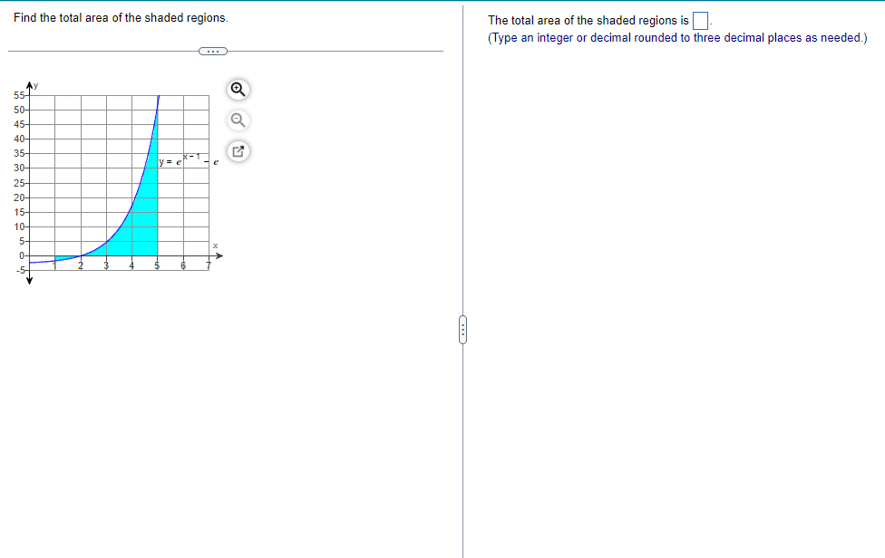 Find the total area of the shaded regions.
←
Ay
55-
50-
45-
40-
25
35-
30
30-
..
25
20
20-
15
15-
10
10-
0-
-5-
y=
Q
G
The total area of the shaded regions is.
(Type an integer or decimal rounded to three decimal places as needed.)
