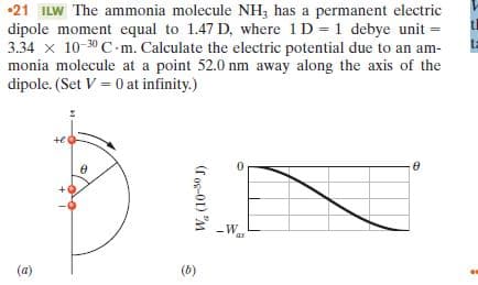 •21 ILW The ammonia molecule NH; has a permanent electric
dipole moment equal to 1.47 D, where 1 D = 1 debye unit =
3.34 x 10-30 C-m. Calculate the electric potential due to an am-
monia molecule at a point 52.0 nm away along the axis of the
dipole. (Set V = 0 at infinity.)
ta
+e
-Wa
(a)
(b)
