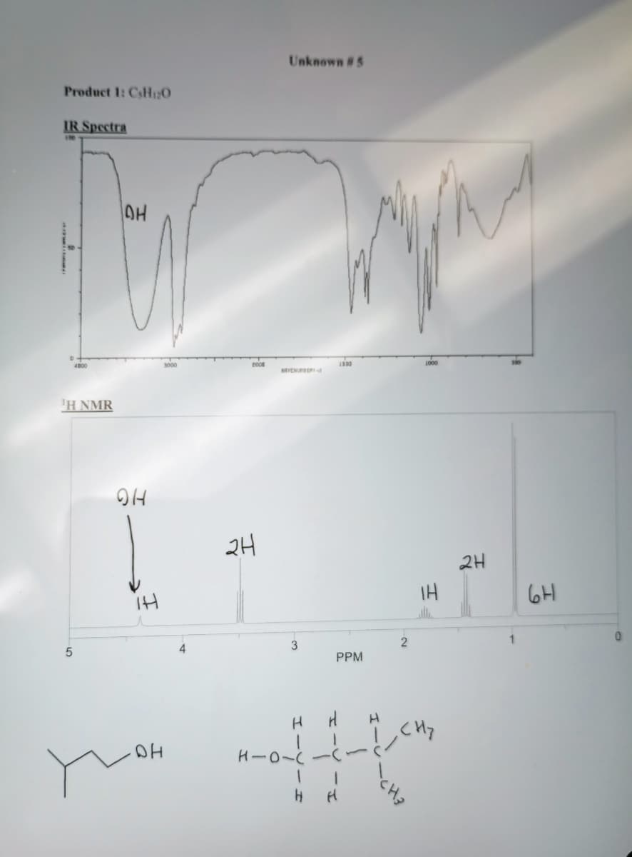 Product 1: CsH₁20
IR Spectra
Unknown #5
D
1H NMR
OH
он
2H
TH
2000
1500
WAVENUMBER-
IH
44
2H
HP
6H
3
PPM
2
1
пон
H
H H
Н
CH₂