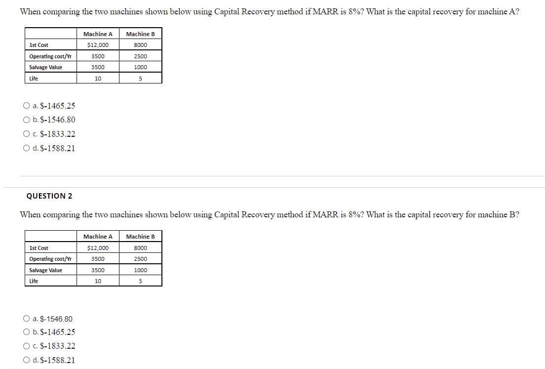 When comparing the two machines shown below using Capital Recovery method if MARR is 8%? What is the capital recovery for machine A?
Machine A
Machine B
1st Cost
$12,000
8000
Operating cost/Yr
3500
2500
Salvage Value
3500
1000
Life
10
O a. $-1465.25
O b. $-1546.80
O. $-1833.22
O d. S-1588.21
QUESTION 2
When comparing the two machines shown below using Capital Recovery method if MARR is 8%? What is the capital recovery for machine B?
Machine A
Machine B
1st Cost
$12,000
8000
Operating cost/Yr
3500
2500
Salvage Value
3500
1000
Life
10
5
O a. $-1546.80
O b. $-1465.25
O c. $-1833.22
O d. $-1588.21
