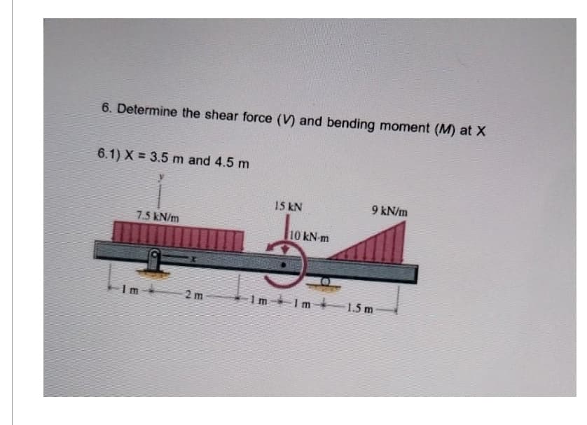 6. Determine the shear force (V) and bending moment (M) at X
6.1) X = 3.5 m and 4.5 m
7.5 kN/m
2m
15 kN
LLOK
10 kN-m
9 kN/m
3
Im Im 1.5 m