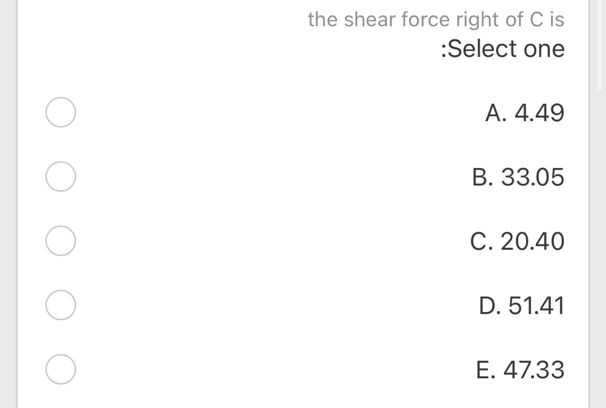 the shear force right of C is
:Select one
A. 4.49
B. 33.05
C. 20.40
D. 51.41
E. 47.33
