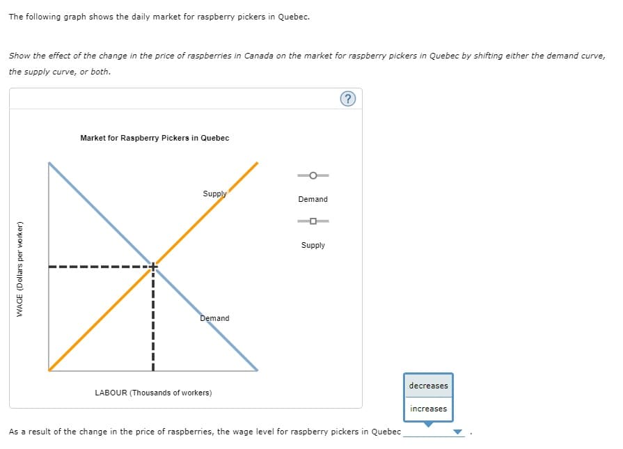 The following graph shows the daily market for raspberry pickers in Quebec.
Show the effect of the change in the price of raspberries in Canada on the market for raspberry pickers in Quebec by shifting either the demand curve,
the supply curve, or both.
Market for Raspberry Pickers in Quebec
Supply
Demand
Supply
Demand
decreases
LABOUR (Thousands of workers)
increases
As a result of the change in the price of raspberries, the wage level for raspberry pickers in Quebec
WAGE (Dollars per worker)
