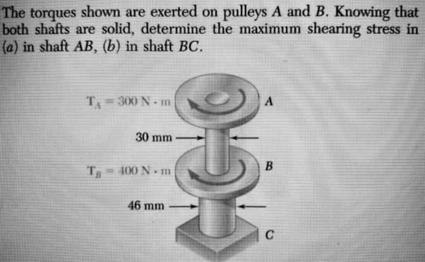 The torques shown are exerted on pulleys A and B. Knowing that
both shafts are solid, determine the maximum shearing stress in
(a) in shaft AB, (b) in shaft BC.
T₁ = 300 N-m
30 mm
TB =400 Nm
46 mm
20
A
B
C