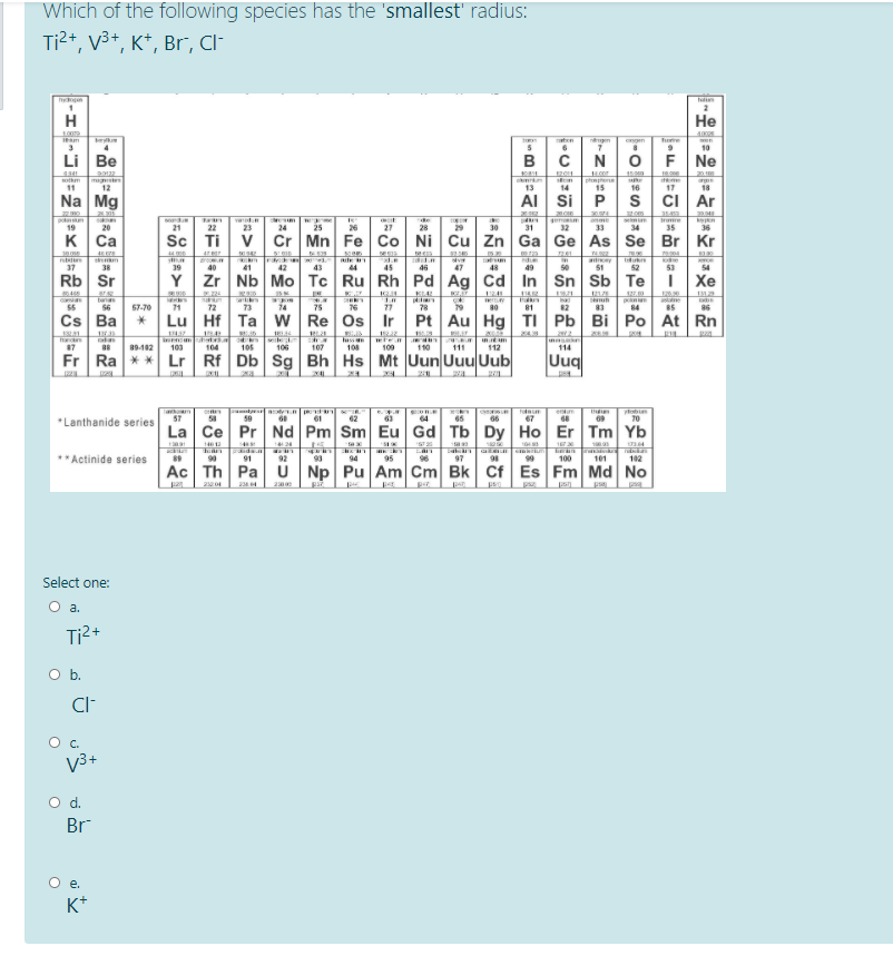 Which of the following species has the 'smallest' radius:
Ti2*, V3+, K*, Br", CI-
H
Не
1,0019
t
ngen
gen
furie
4.
5
6
10
Li Be
CN
F Ne
1201
15
20
mgsten
12
tkm
11
13
14
15
16
17
18
Na Mg
AI
Si P
S
ci Ar
2305
27
29
e
32
19
20
21
22
23
24
25
26
28
30
31
33
34
35
36
K
Ca
Sc Ti V
Cr Mn Fe
Co Ni Cu Zn Ga Ge As Se
Br Kr
44
RI
41
te
37
38
39
40
42
43
44
45
46
47
48
49
51
52
53
54
Rb
Sr
Y
Zr Nb Mo Tc Ru
Rh Pd Ag Cd In Sn Sb Te
Хе
bana
56
120
aste
85
ca n
55
57-70
71
72
73
14
75
76
77
78
79
80
81
82
83
84
86
Cs Ba
Lu Hf Ta
w Re Os
Ir Pt Au Hg| TI Pb Bi Po
At Rn
luss
108
87
88
89-102
103
104
105
106
107
100
110
111
112
114
Fr
Ra ** Lr
Rf Db Sg Bh Hs
Mt Uun Uuu Uub
Uuq
enun
57
59
61
62
63
64
65
66
67
70
*Lanthanide series
La
14
Ce Pr Nd Pm Sm Eu Gd Tb Dy Ho
Er Tm Yb
1
**Actinide series
90
91
92
93
94
95
97
100
101
102
Ac Th Pa
U Np Pu Am Cm Bk Cf Es Fm Md No
pa
2
Select one:
O a.
Ti2+
O b.
c.
V³+
O d.
Br
K*
B
