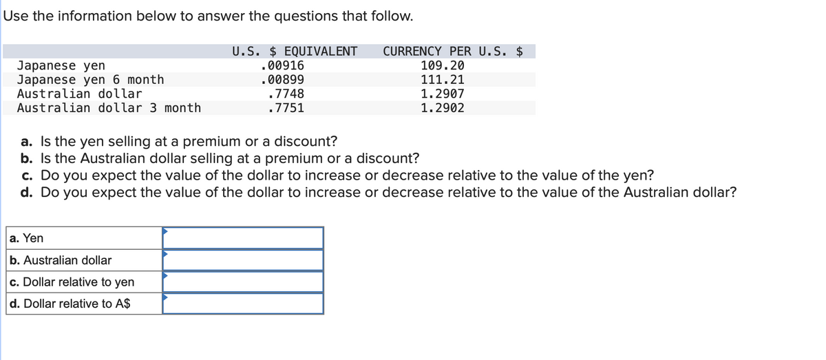 Use the information below to answer the questions that follow.
Japanese yen
Japanese yen 6 month
Australian dollar
Australian dollar 3 month
U.S. $ EQUIVALENT
.00916
.00899
.7748
.7751
a. Yen
b. Australian dollar
c. Dollar relative to yen
d. Dollar relative to A$
CURRENCY PER U.S. $
109.20
111.21
1.2907
1.2902
a. Is the yen selling at a premium or a discount?
b. Is the Australian dollar selling at a premium or a discount?
c. Do you expect the value of the dollar to increase or decrease relative to the value of the yen?
d. Do you expect the value of the dollar to increase or decrease relative to the value of the Australian dollar?