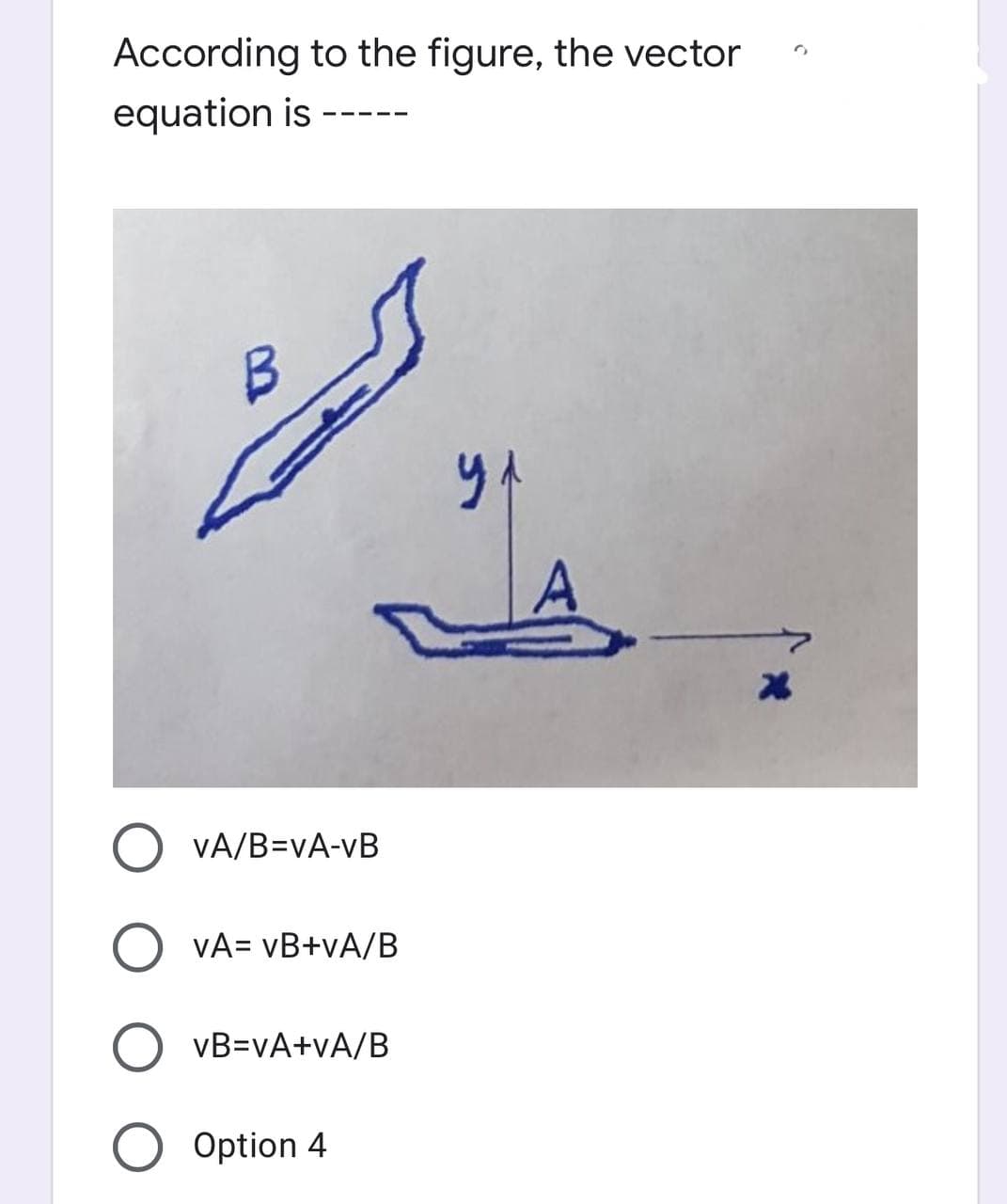 According to the figure, the vector
equation is
B.
VA/B=vA-vB
VA= vB+vA/B
vB=vA+vA/B
O Option 4
