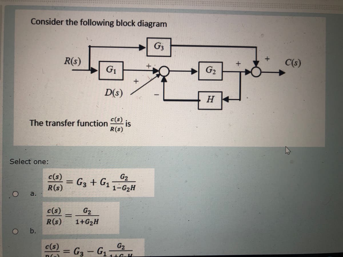 Consider the following block diagram
G3
R(s)
C(s)
G1
G2
D(s)
H
The transfer function
c(s)
-is
R(s)
Select one:
c(s)
R(s)
G2
G3 + G1
1-G2H
а.
c(s)
R(s)
G2
1+G2H
%3D
1O
b.
c(s)
= G3 – G1¬
G2
