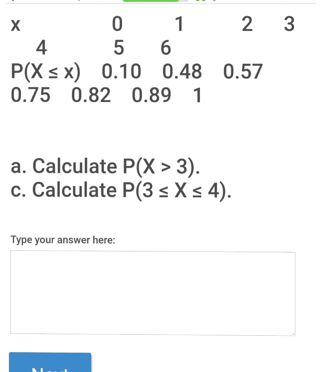 0 1
2 3
4
5
Р(X < х) 0.10
0.75 0.82 0.89 1
0.48 0.57
a. Calculate P(X > 3).
c. Calculate P(3 < X s 4).
Type your answer here:
