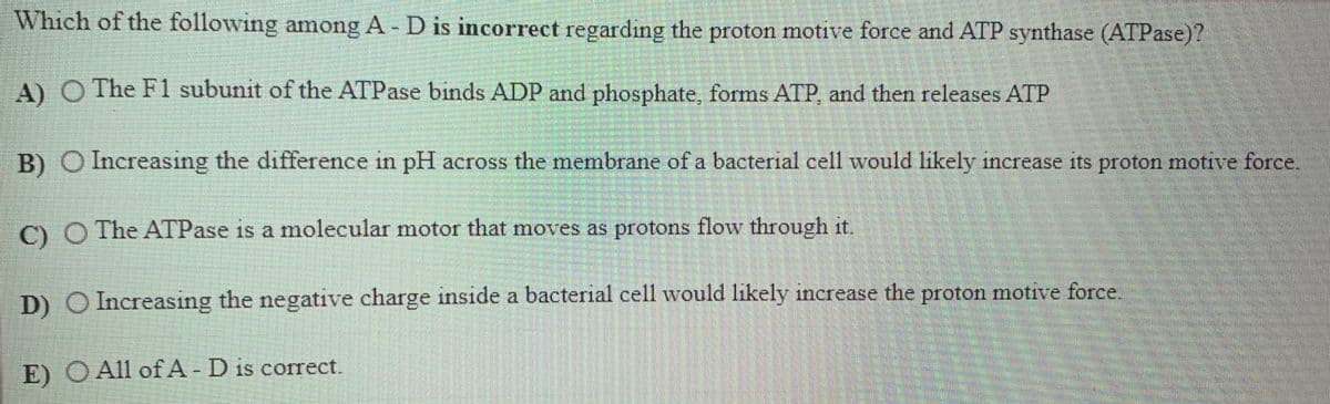 Which of the following among A - D is incorrect regarding the proton motive force and ATP synthase (ATPase)?
A) O The F1 subunit of the ATPase binds ADP and phosphate, forms ATP, and then releases ATP
B) O Increasıng the difference in pH across the membrane of a bacterial cell would likely increase its proton motive force.
C) O The ATPase is a molecular motor that moves as protons flow through it.
D) O Increasing the negative charge inside a bacterial cell would likely increase the proton motive force.
E) O All of A- D is correct.
